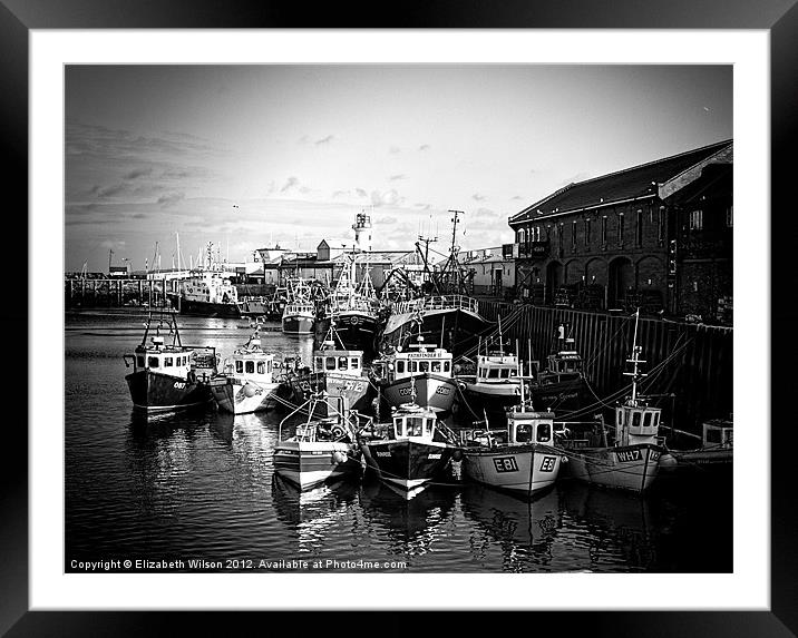 Boats Resting In The Harbour in Black and White Framed Mounted Print by Elizabeth Wilson-Stephen