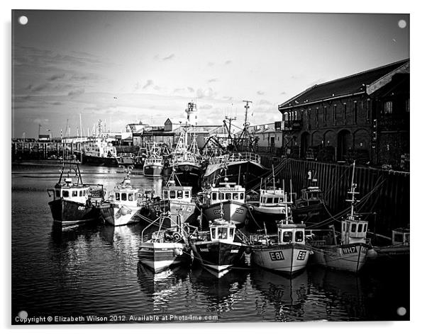 Boats Resting In The Harbour in Black and White Acrylic by Elizabeth Wilson-Stephen