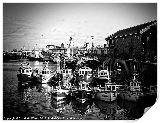 Boats Resting In The Harbour in Black and White Print by Elizabeth Wilson-Stephen