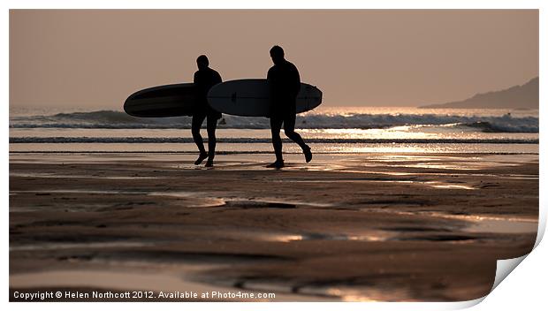 Surfers at Sunset Print by Helen Northcott