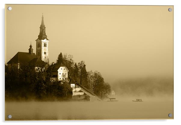 Misty Lake Bled in Sepia Acrylic by Ian Middleton