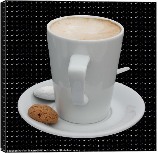 Cup of Cappucino with an Amaretti Biscuit Canvas Print by Terri Waters