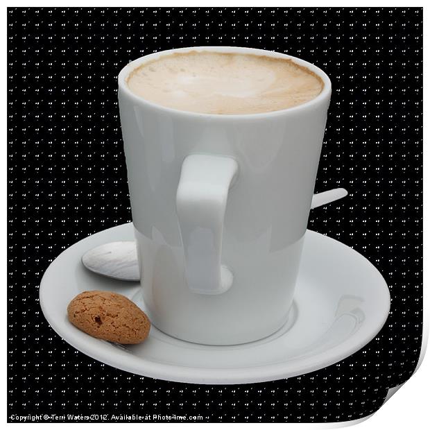 Cup of Cappucino with an Amaretti Biscuit Print by Terri Waters