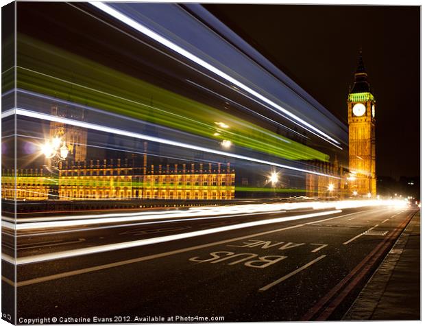 Night Bus on Westminster Bridge Canvas Print by Catherine Fowler