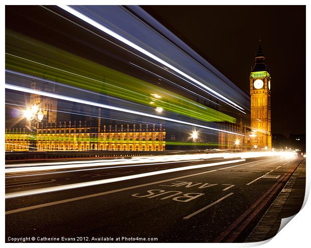Night Bus on Westminster Bridge Print by Catherine Fowler