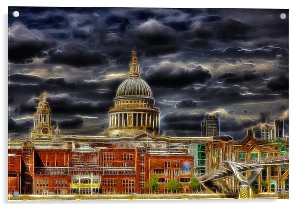 Electric St Pauls Cathedral / Millennium Bridge Acrylic by Mike Gorton