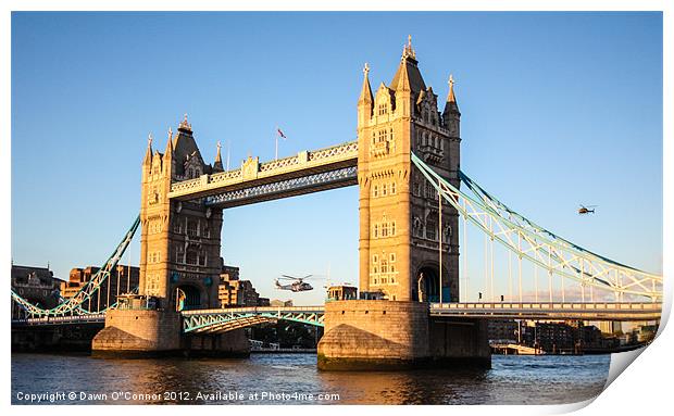 Helicopters at Tower Bridge Print by Dawn O'Connor