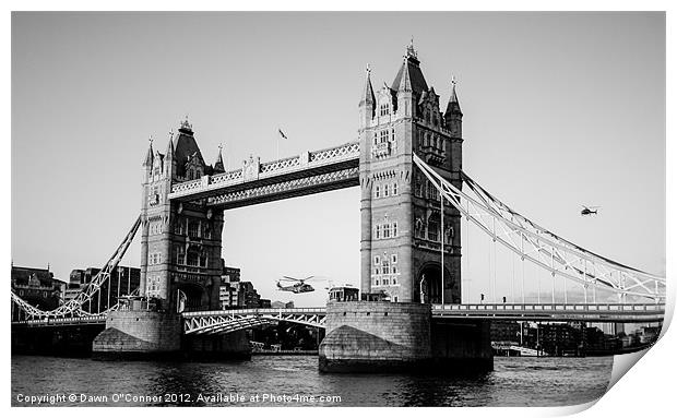 Helicopters at Tower Bridge Print by Dawn O'Connor