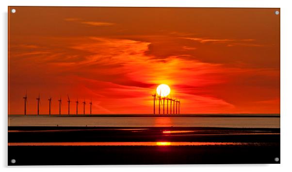 New Brighton Sunset ( wind turbines at sea) Acrylic by raymond mcbride