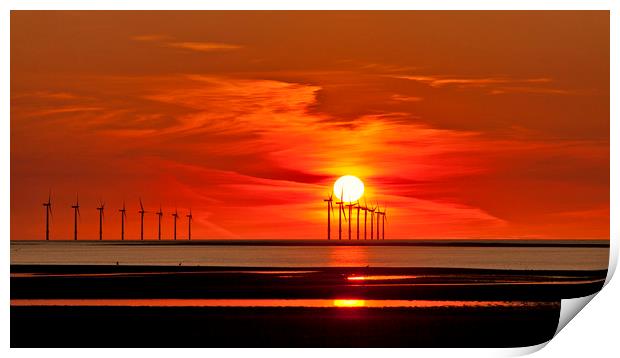 New Brighton Sunset ( wind turbines at sea) Print by raymond mcbride