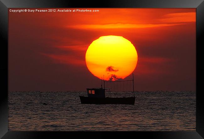 Sunset Fishing Boat Silhouette Framed Print by Gary Pearson