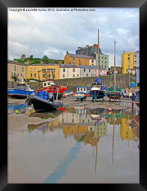 Tenby Harbour.Reflection at Low-Tide. Framed Print by paulette hurley