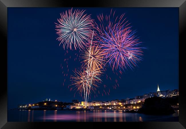 Tenby Harbour Fireworks Framed Print by Paul Deverson