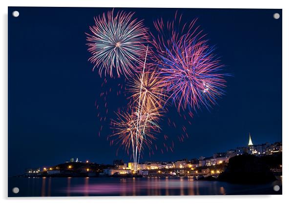 Tenby Harbour Fireworks Acrylic by Paul Deverson