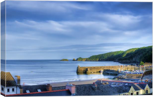 View over Saundersfoot Harbour Painted Canvas Print by Steve Purnell