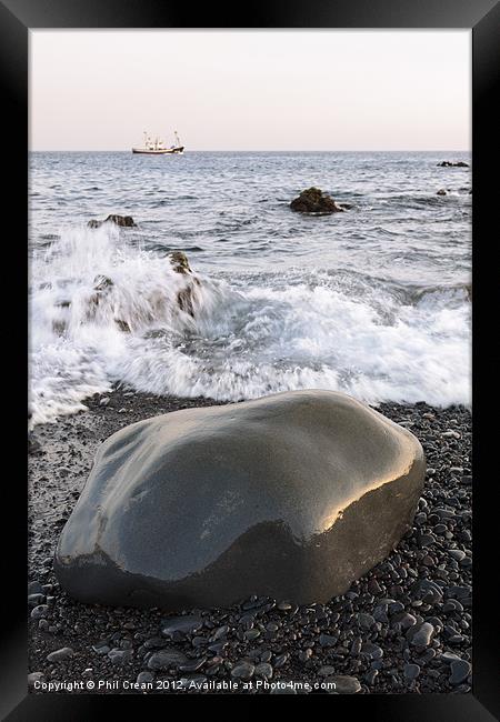 Rock and boat, Playa San Juan, Tenerife Framed Print by Phil Crean