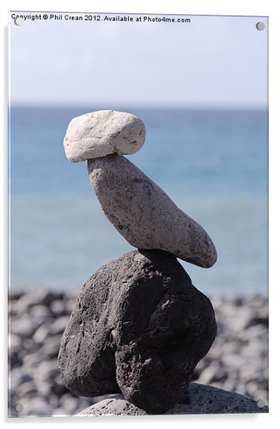 Stone cairn, rocks perched on beach, Tenerife Acrylic by Phil Crean
