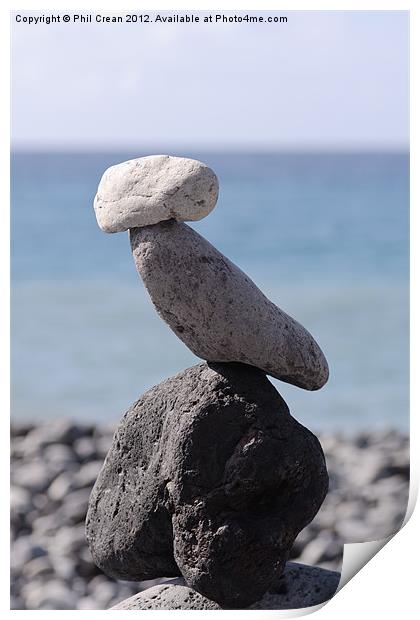 Stone cairn, rocks perched on beach, Tenerife Print by Phil Crean