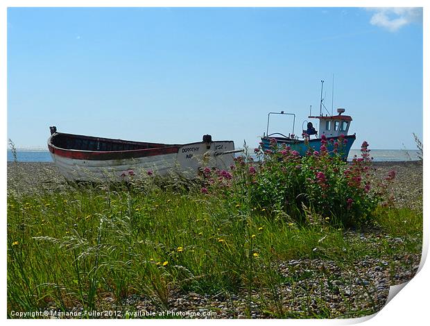 Boats, Beach and Grasses Print by Marianne Fuller