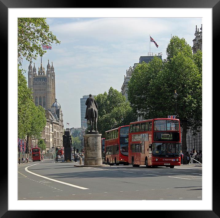 Red London bus in Whitehall Framed Mounted Print by Tony Murtagh