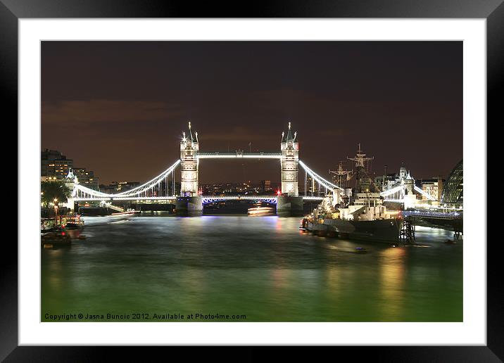 Tower Bridge and HMS Belfast at night Framed Mounted Print by Jasna Buncic