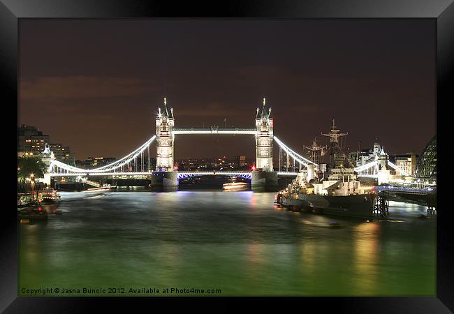 Tower Bridge and HMS Belfast at night Framed Print by Jasna Buncic
