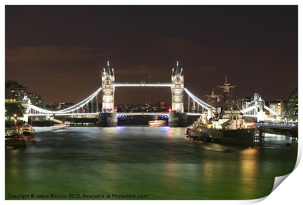 Tower Bridge and HMS Belfast at night Print by Jasna Buncic