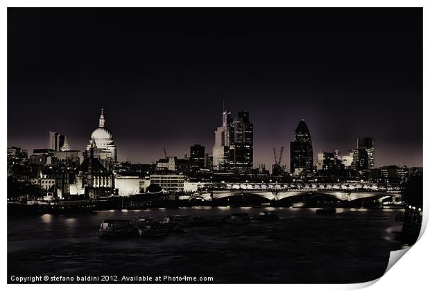 London skyline and river Thames at night Print by stefano baldini