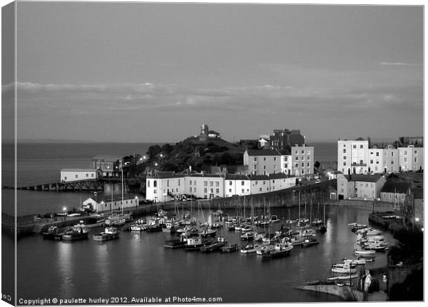 Tenby Night Harbour.Black+White. Canvas Print by paulette hurley