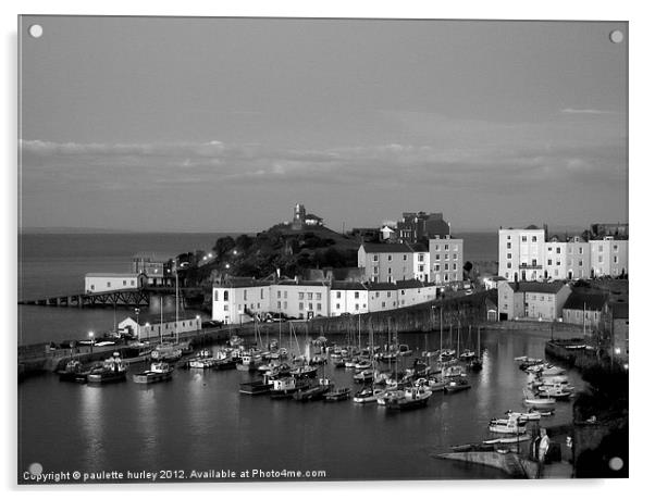 Tenby Night Harbour.Black+White. Acrylic by paulette hurley