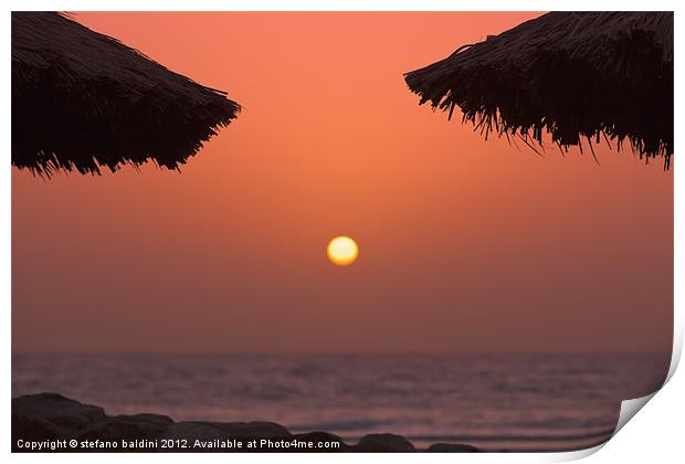 Sunrise with beach parasols, Dahab, Egypt Print by stefano baldini