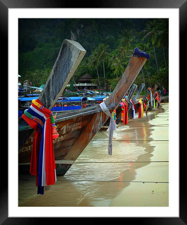 Thailand boats at waters edge. Framed Mounted Print by David Worthington