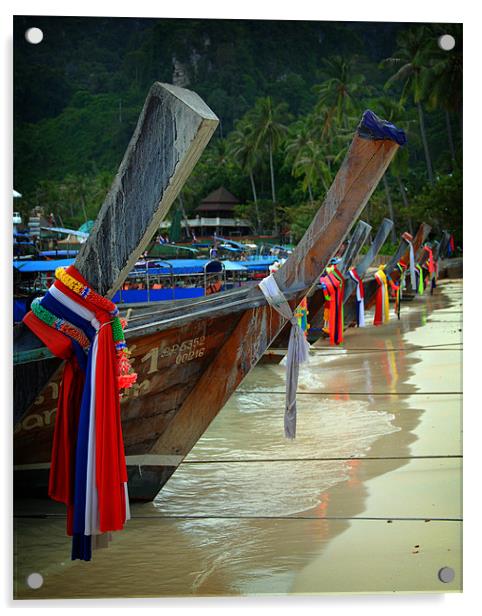 Thailand boats at waters edge. Acrylic by David Worthington