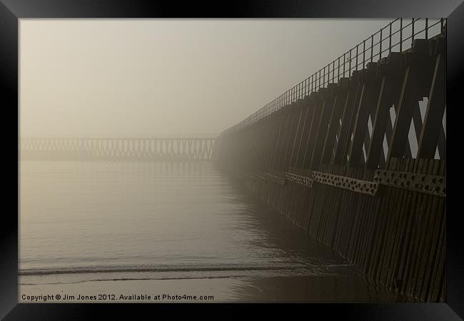 Wooden Pier in the mist Framed Print by Jim Jones
