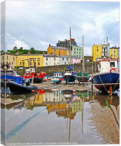 Tenby Harbour.Low-Tide.Reflection. Canvas Print by paulette hurley