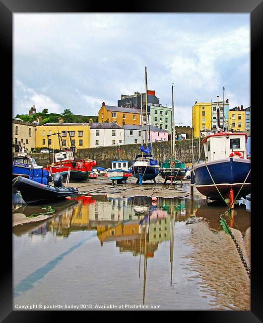 Tenby Harbour.Low-Tide.Reflection. Framed Print by paulette hurley