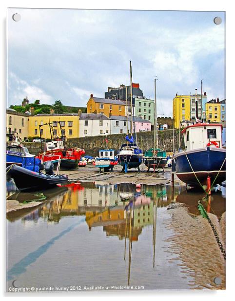 Tenby Harbour.Low-Tide.Reflection. Acrylic by paulette hurley