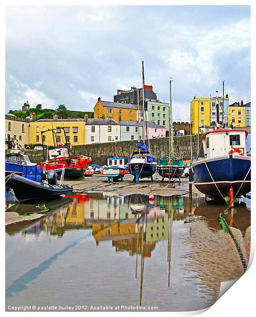Tenby Harbour.Low-Tide.Reflection. Print by paulette hurley