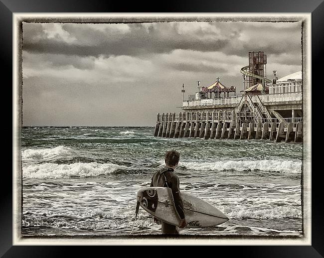 Surfer by Pier Framed Print by Jennie Franklin