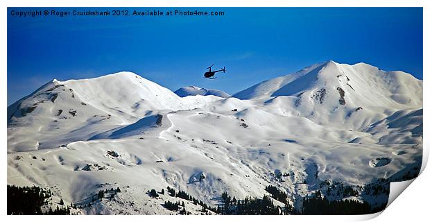 Helicopter over Meribel Mountain Range Print by Roger Cruickshank