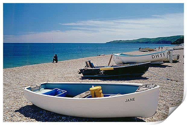 Beesands beach, fisherman and boats Print by Simon Armstrong
