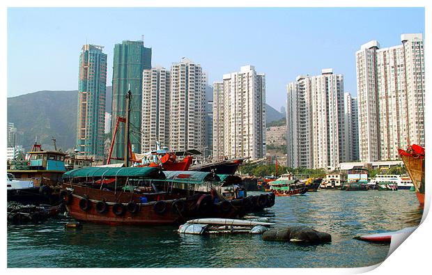 Boats in Hong Kong Harbour Print by David Worthington