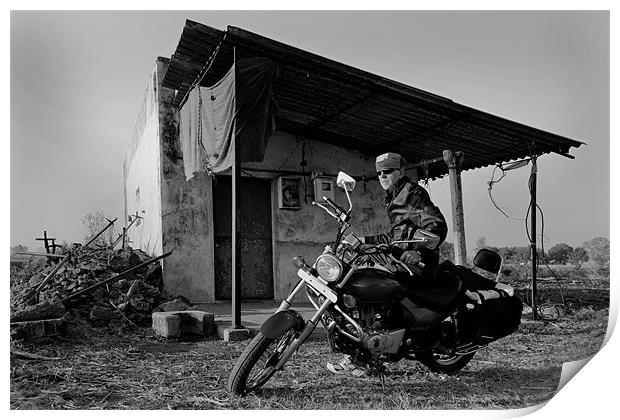 Caucasian Biker Indian outback shack Print by Arfabita  