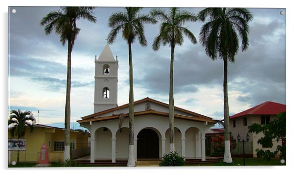 Pedasi Church & Palm Trees Acrylic by Ron Hartley