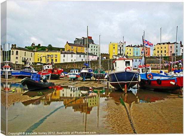 Tenby Harbour.Reflection Boats. Canvas Print by paulette hurley