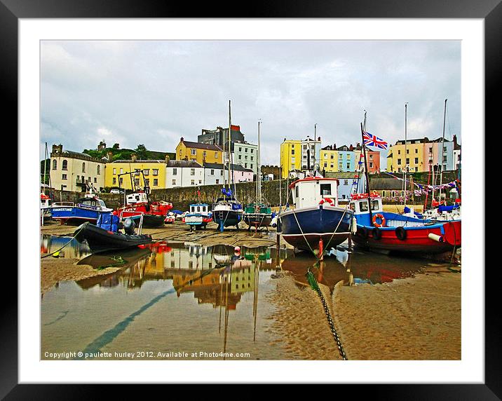 Tenby Harbour.Reflection Boats. Framed Mounted Print by paulette hurley