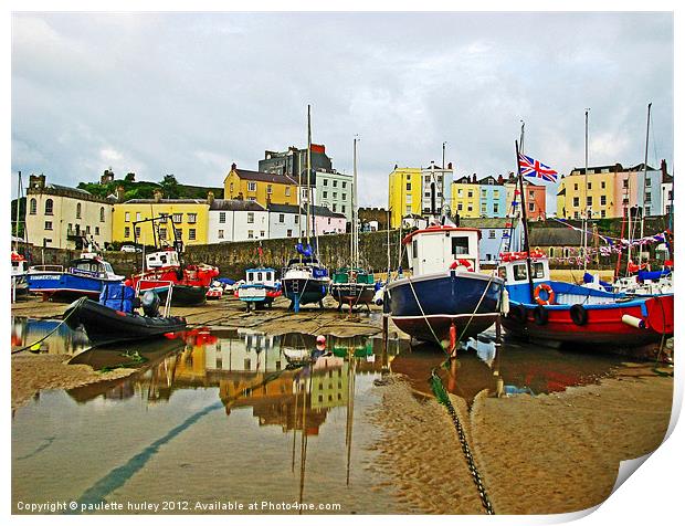 Tenby Harbour.Reflection Boats. Print by paulette hurley