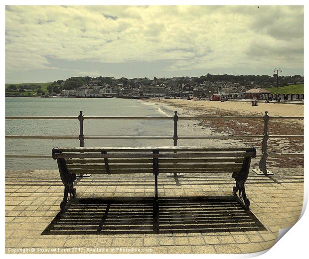 Bench on the jetty Print by Linsey Williams