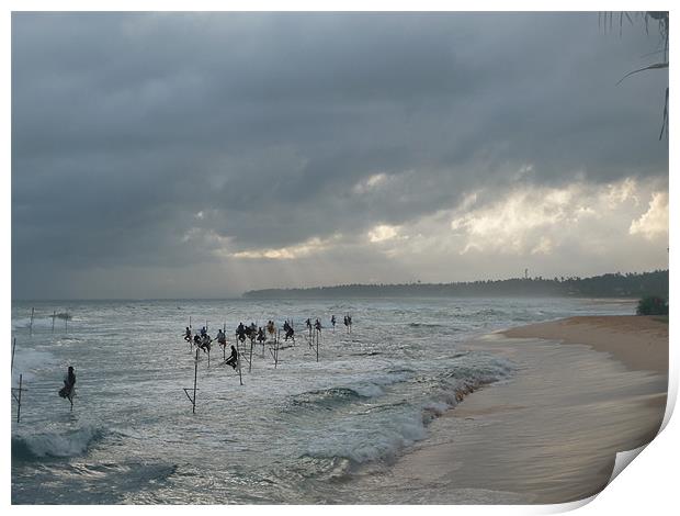 Sri Lanka, stilt fishermen, storm Print by Christopher Mullard