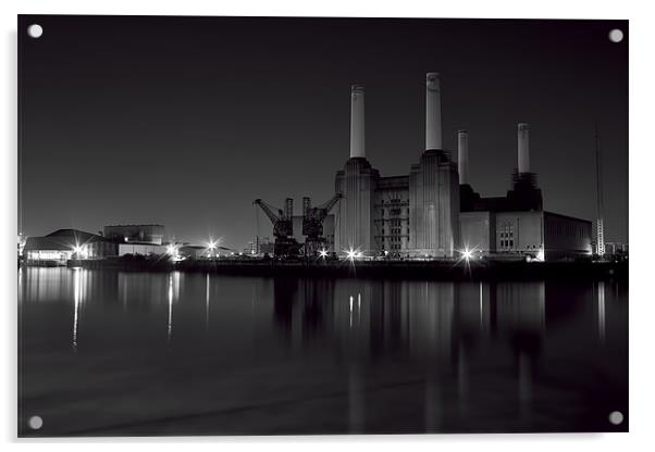 Battersea at night black and white Acrylic by Dean Messenger